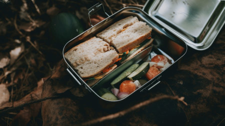 A lunch box filled with a sandwich and vegetables. AI generative image.の素材