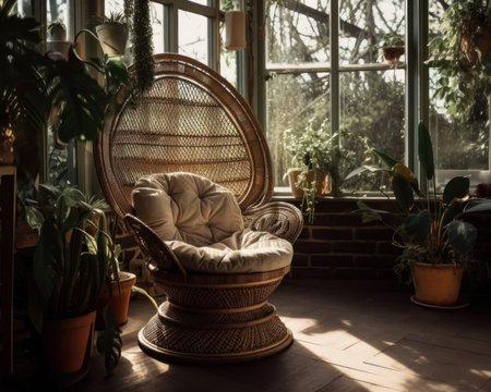 A wicker chair in a sunlit room. AI generative image.の素材