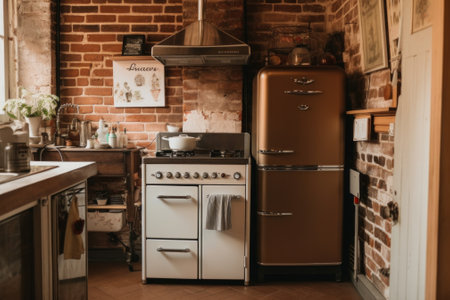 Cramped yet cozy retro old fashioned kitchen with a stove, refrigerator, and sink. AI generative image.の素材