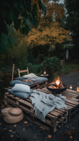 A cozy fire pit gathering with pillows and pillows around it. AI generative image.の素材