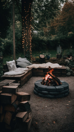 A cozy fire pit gathering with pillows and pillows around it. AI generative image.の素材