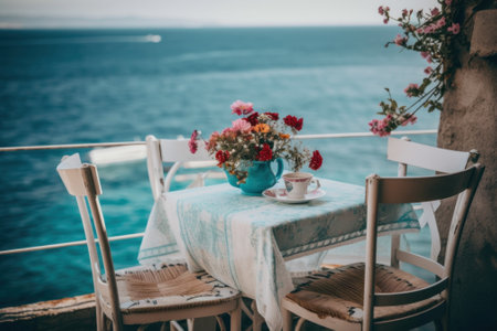 A table with a vase of flowers on top of it. AI generative image. Mediterranean resort style.の素材