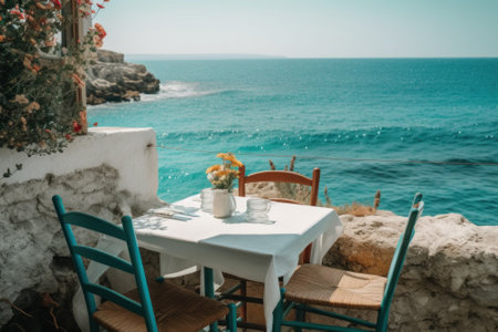 A table with two chairs and a vase on it. AI generative image. Mediterranean resort style.の素材