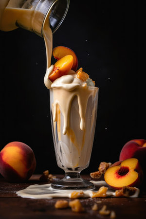 A glass of ice cream topped with sliced peaches. AI generative image.の素材