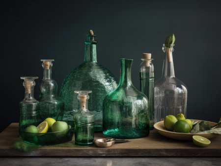 A table topped with green glass bottles and a bowl of limes. AI generative image.の素材