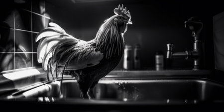 A rooster is standing in a kitchen sink. AI generative image.の素材