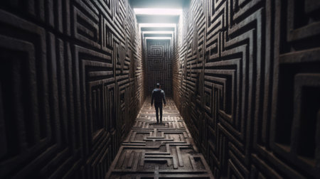 A person walking through a maze in a dark room. AI generative image. Surreal picture, bad dream or nightmare telling about problems.の素材
