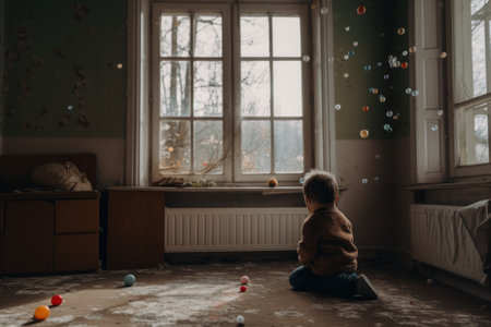 A little boy sitting on the floor in front of a window. AI generative image.の素材