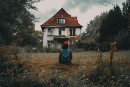 A small boy sitting in a field in front of a house. AI generative image.の素材