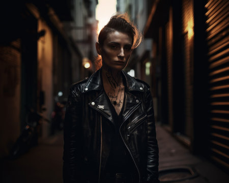 A woman in a leather jacket standing in an alleyway. AI generative image.の素材