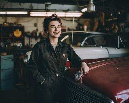 A woman standing next to a car in a garage. AI generative image.の素材