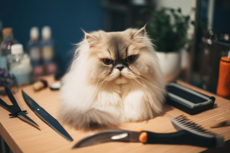 A cat sitting on a table with a pair of scissors. AI generative image.の素材
