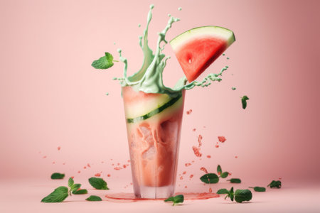 A glass of watermelon with a slice of watermelon in it. AI generative image.の素材