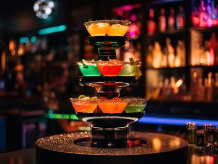 A tall tower of drinks on a bar. AI generative image.の素材