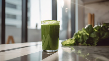 A glass of green juice sitting on top of a counter. AI generative image.の素材