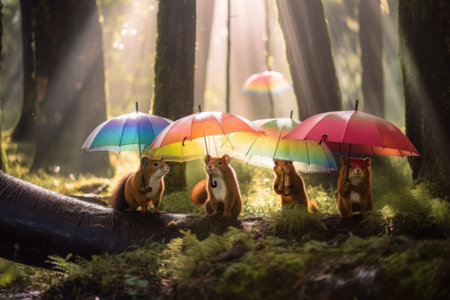 A group of squirrels holding umbrellas in a forest. AI generative image.の素材