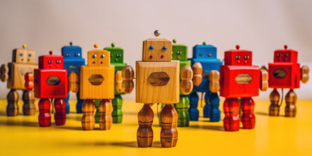 A group of wooden robots standing next to each other. AI generative image.の素材