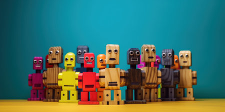 A group of wooden robots standing next to each other. AI generative image.の素材