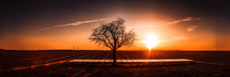 The sun is setting behind a tree in a field. AI generative image.の素材