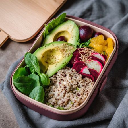 A lunch box with a variety of food in it. AI generative image.の素材