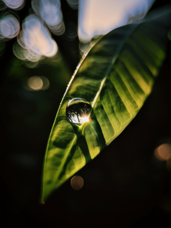 A drop of water sitting on top of a leaf. AI generative image.の素材