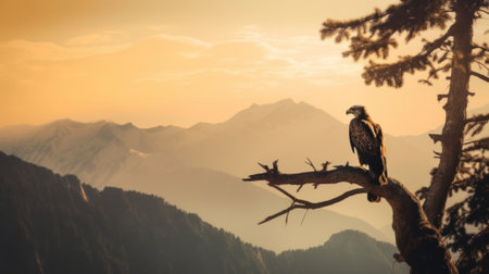 A bird perched on a tree branch in front of a mountain range. AI generative image.の素材
