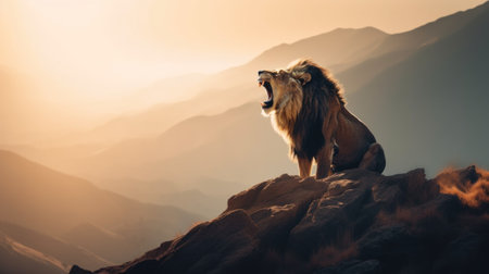 A lion sitting on top of a mountain with its mouth open. AI generative image.の素材