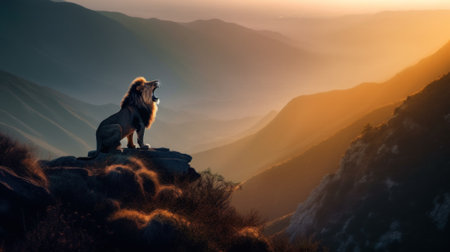 A lion standing on top of a rocky cliff. AI generative image.の素材