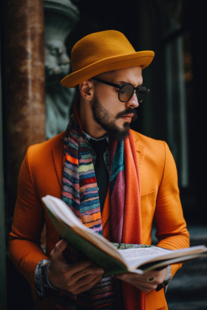 A man wearing a hat and scarf reading a book. AI generative image.の素材