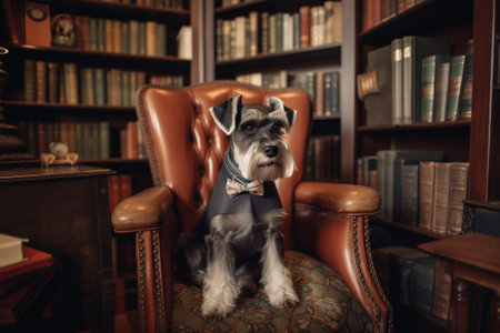 A dog sitting in a chair in a library. AI generative image.の素材