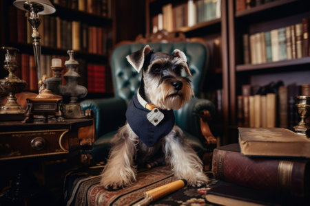 A small dog sitting on a chair in a library. AI generative image.の素材