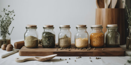 A wooden cutting board topped with jars filled with food. AI generative image.の素材