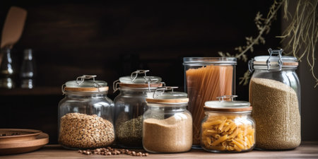 A wooden table topped with glass jars filled with food. AI generative image.の素材