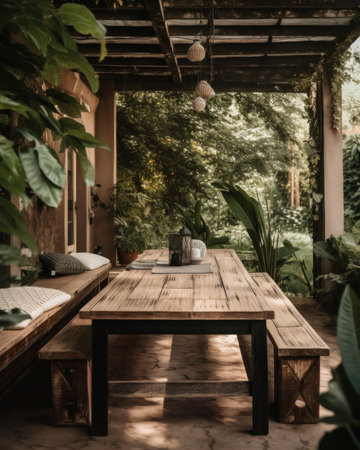 A wooden table sitting on top of a patio. AI generative image.の素材