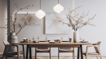 A dining room with a wooden table and chairs. AI generative image.の素材