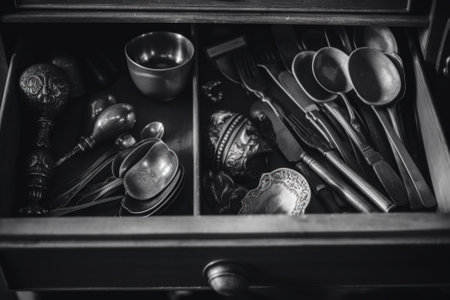 A drawer filled with silverware and spoons. AI generative image.の素材