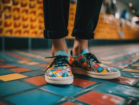 A person standing on a colorful tiled floor. AI generative image.の素材
