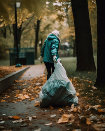 A person walking down a sidewalk with a bag of garbage. AI generative image.の素材