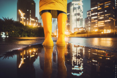 A person in yellow rain boots standing in a puddle. AI generative image.の素材