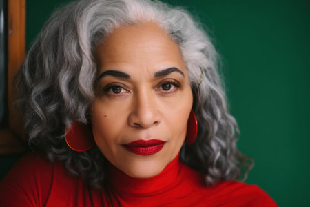 A close up of a mixed race woman with grey hair. AI generative image.の素材