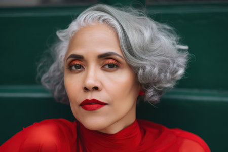 A mixed race woman with grey hair wearing a red top. AI generative image.の素材