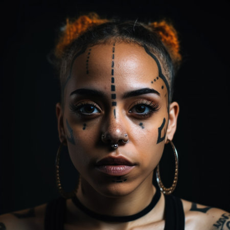 A woman with tattoos and piercings on her face. AI generative image.の素材