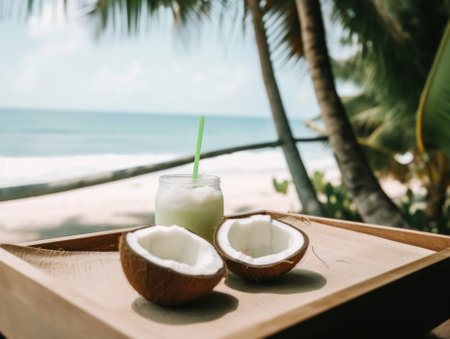 A glass of coconut milk and two coconuts on a tray. AI generative image.の素材