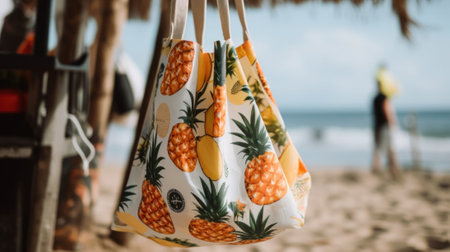 A tote bag with pineapples and bananas on it. AI generative image.の素材