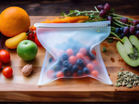 A reusable silicone bag of fruit and vegetables on a cutting board. AI generative image.の素材