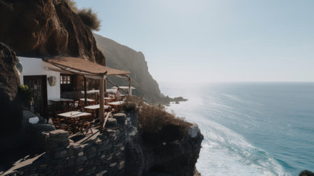 A cliff side rustic greek taverna overlooking the ocean. AI generative image.の素材