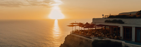 A view of a sunset over the ocean from a restaurant. AI generative image.の素材