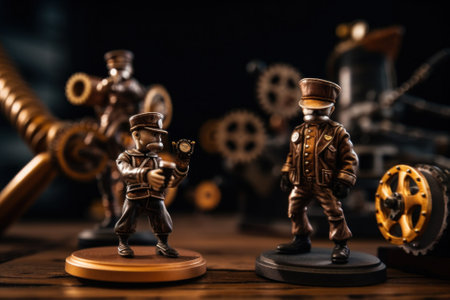 A bunch of action steampunk figures on top of a wooden table. AI generative image.の素材