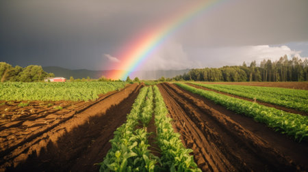A rainbow appears over a field of lettuce. AI generative image.の素材