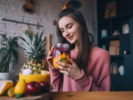 A woman holding a jar of fruit and looking at it. AI generative image.の素材